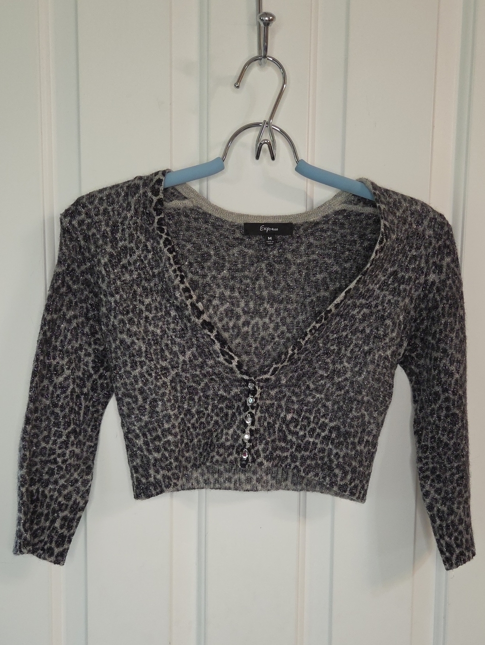 Express Black and Gray Leopard Cropped V-Neck Sweater